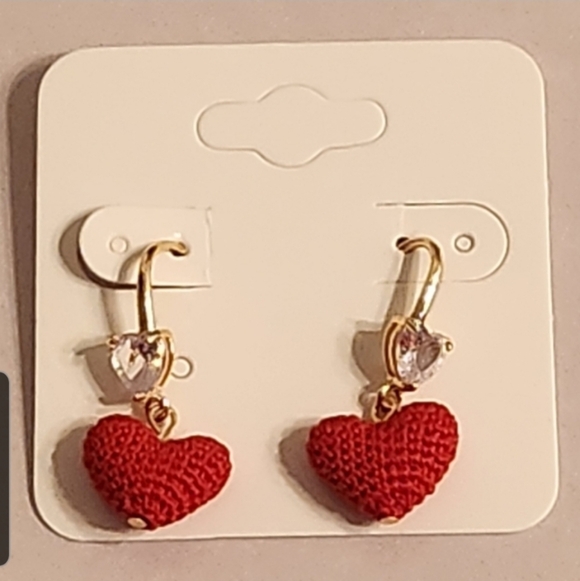 Crochet Red Heart Earrings - Picture 2 of 3